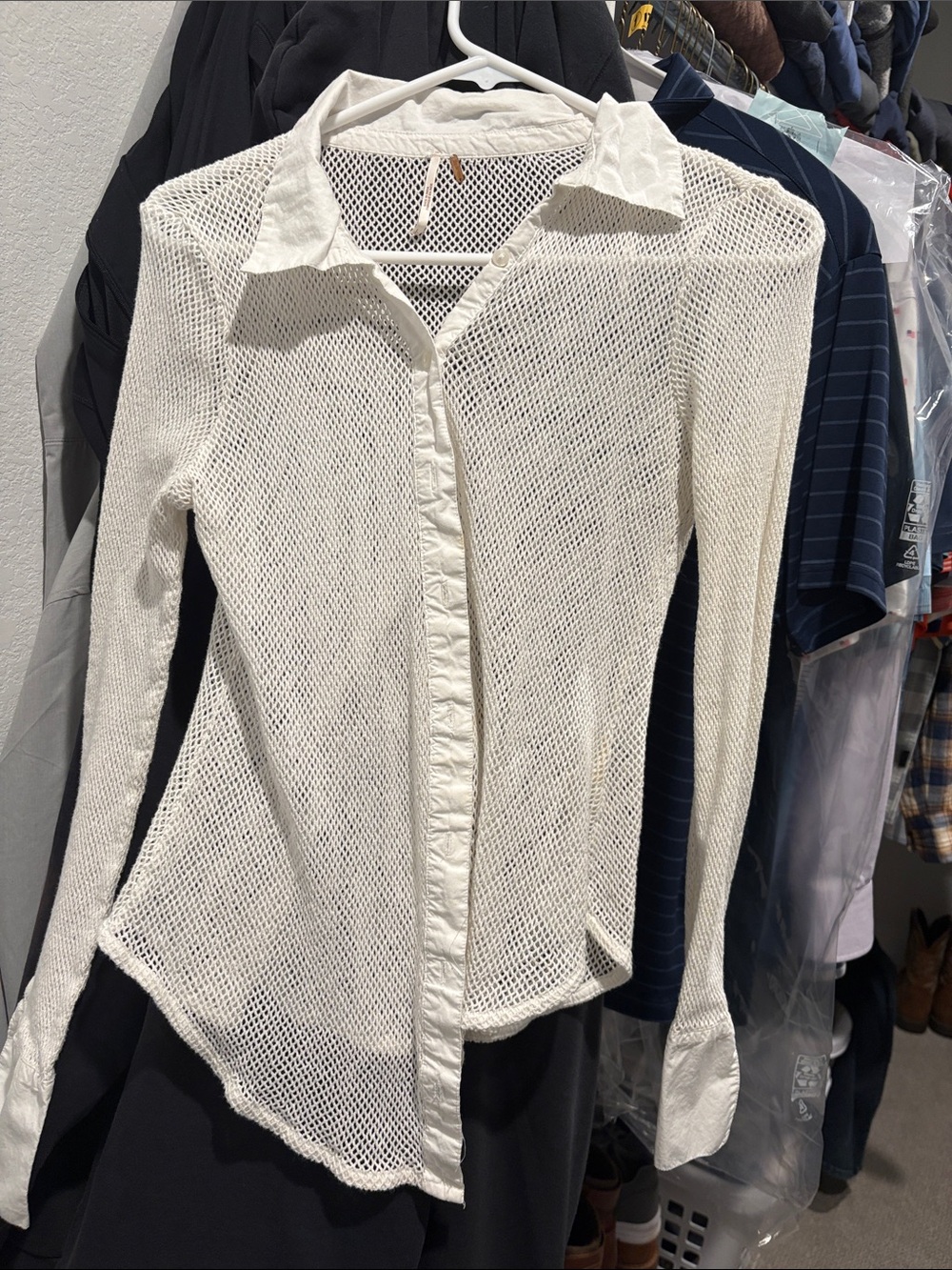 Free People Ivory Open-Knit Button Down Shirt